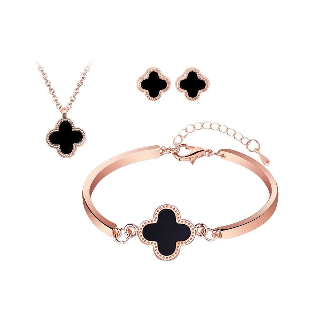 

rose gold black gemstone Jewelry Set cross four leaf clover pendant Necklace Earrings bracelet For Women 2021, Shown