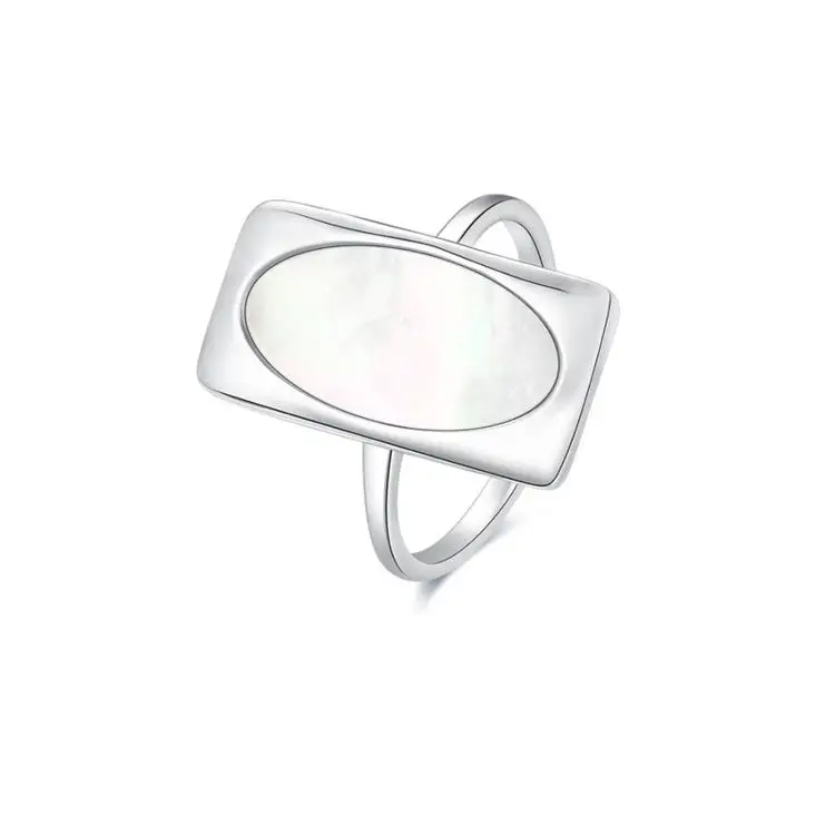 

Luxury Oval Shell Gemstone 925 Sterling Silver Rectangle Open Ring, White gold