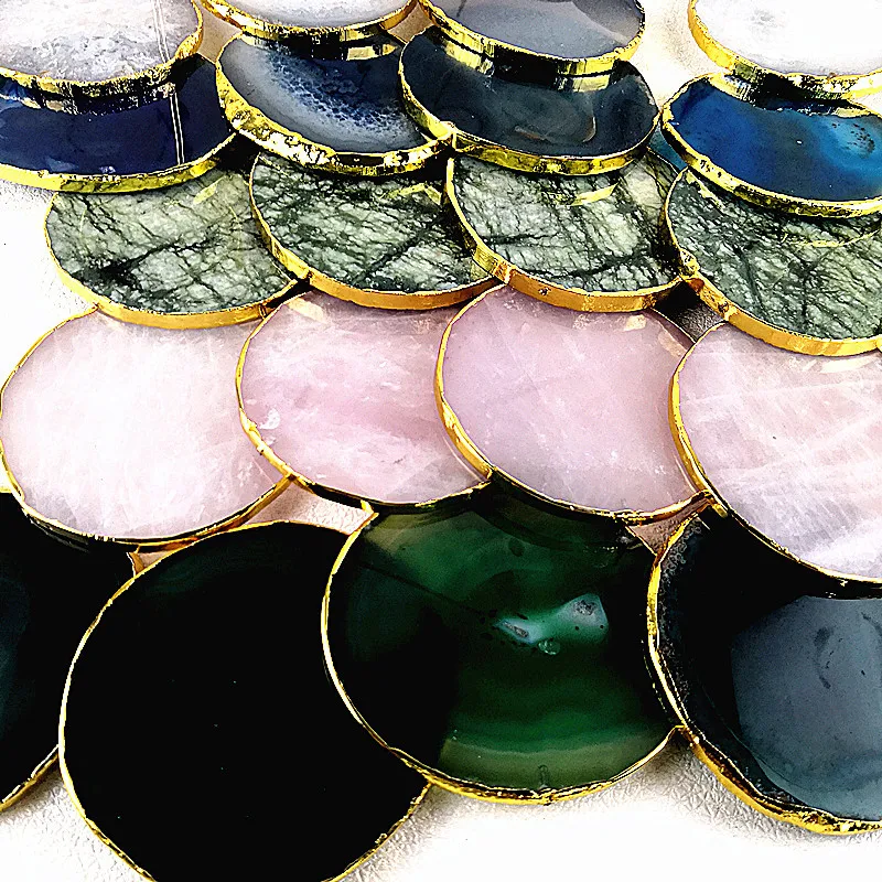 

Amazon Bestseller Hot Selling Natural black agate coaster sets Candle Holder Slices with Gold Plating