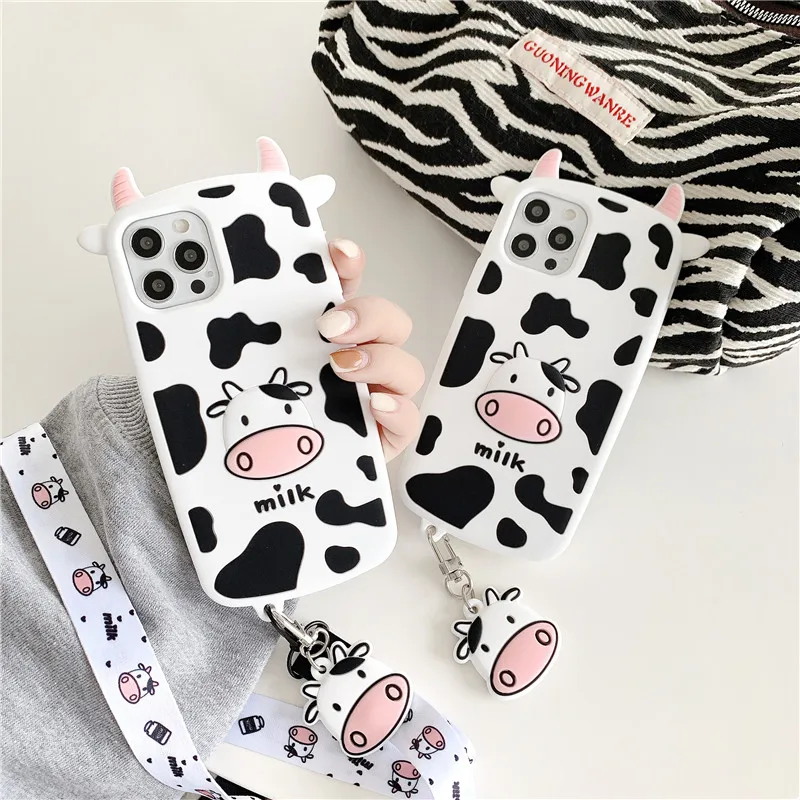 

Cartoon Cute Animal Milk Cow Soft Silicone Silicon Case Fundas with Strap for Apple for iPhone 6 6s 7 8 Plus 11 Pro 12 Pro Max