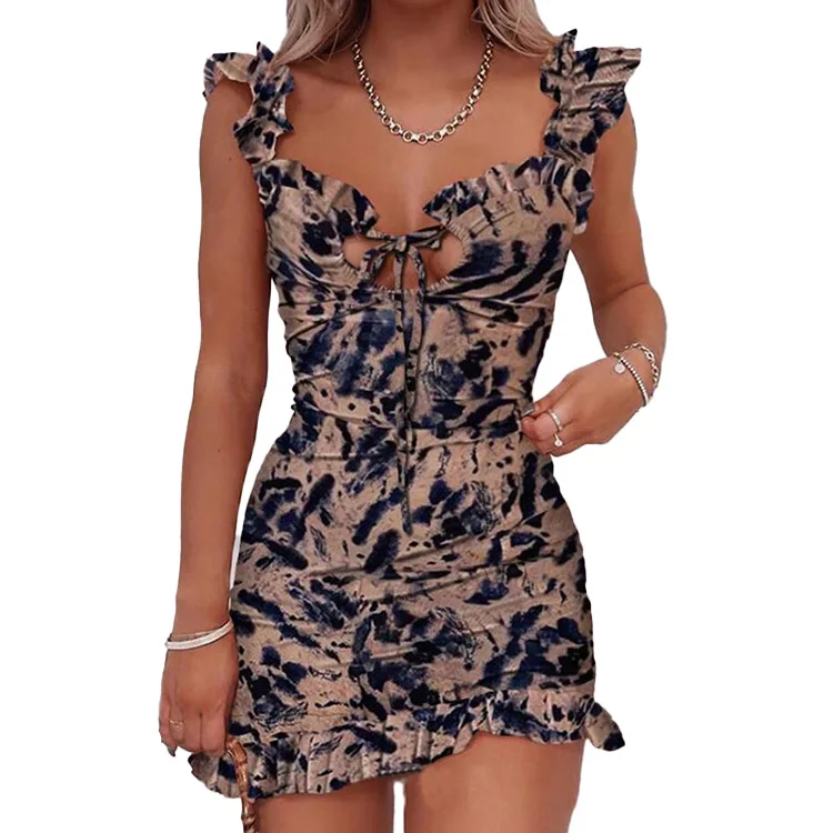 

2021 new Amazon hot sale short-sleeved sexy v-neck high-waisted ruffle skirt women