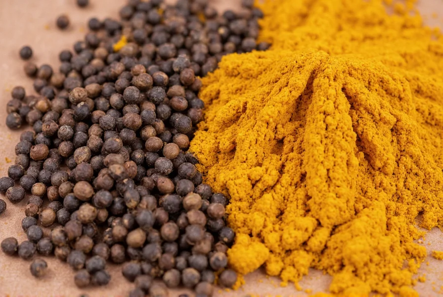 Close-up of black pepper corns next to turmeric root showing the perfect health-enhancing spice pairing