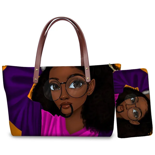 

2pcs/set Handbags for Women 2020 Female Black Art African Girl Printing Casual Tote Shoulder Bags Famous Brand Handbags Women, Accept custom made