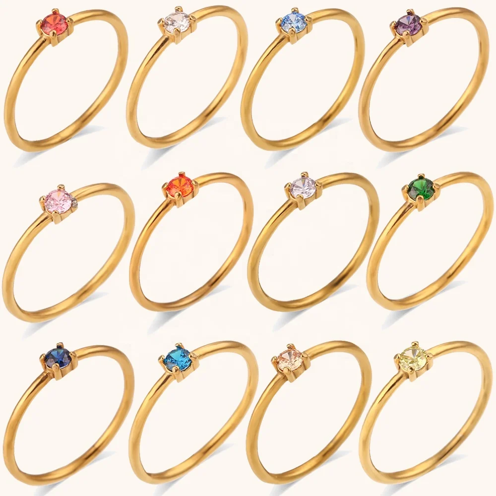 

Ding Ran Hot Sale Small Size Ring Colorful Birth Stone Zircon Rings 18K Gold Plated Stainless Steel Ring Set
