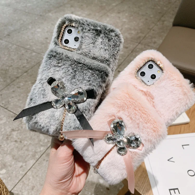 

Fluffy Plush Wrist Strap Phone Case For iPhone 11 Pro Max With Bow Rhinestone