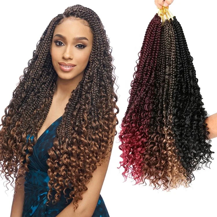 

Synthetic Goddess Box Braid Crochet Hair Extensions For Black Women River Box Braids With Curly Ends Pre Looped Braiding Hair