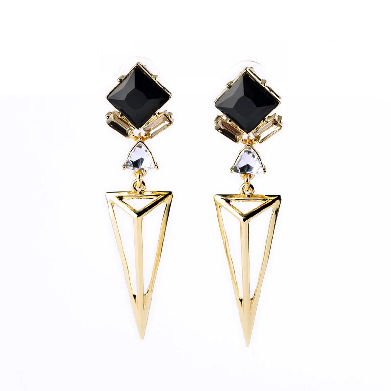 

ed01037 Bali Creative Design Geometric Black Rhinestone Crystal Gold Hollow Triangle Prismatic Pendant Earrings Women