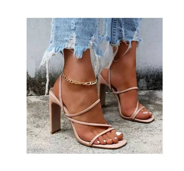 

2023 New Heels Sandalias Square Head Large Size 36-43 Strap Pu Rubber High Heel Sandals For Women