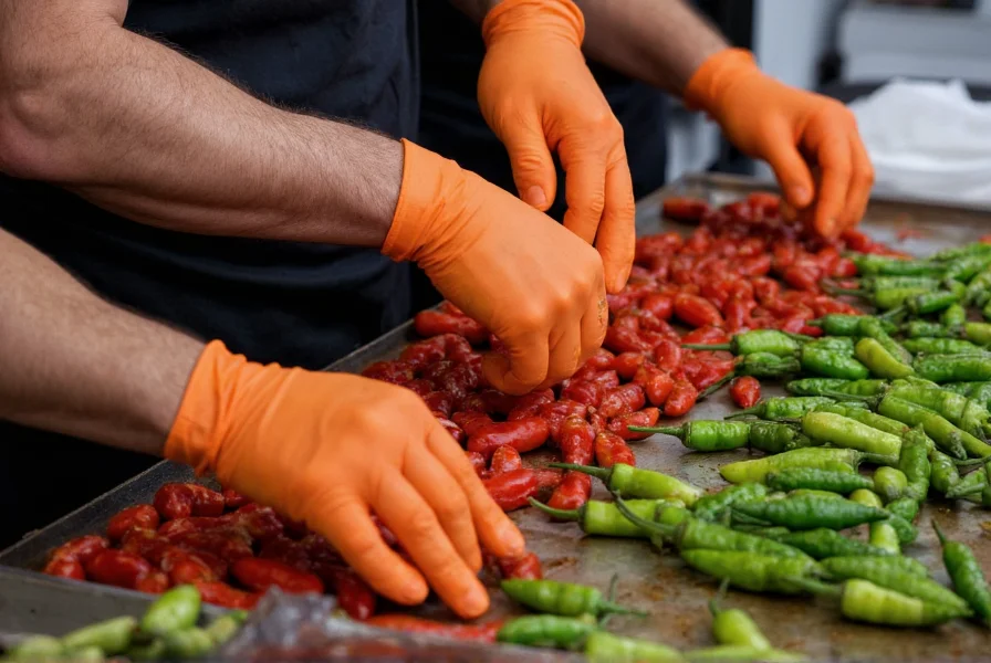 Chef wearing gloves carefully preparing trinidad scorpion butch t peppers for hot sauce production