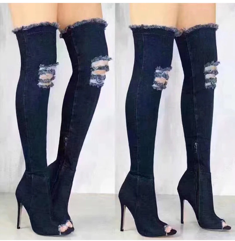 

Women's Over The Knee Boots Women Denim Peep Toe Long Boots Woman Zip Thin High Heels Ladies Autumn Pumps Female Shoes Big Size, 3 colors