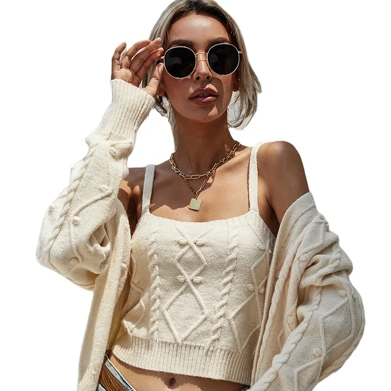 

Wholesale Autumn Pure Color Jumper High Quality Custom Women's Two-piece Color Block Knitted Women Cardigan Sweater