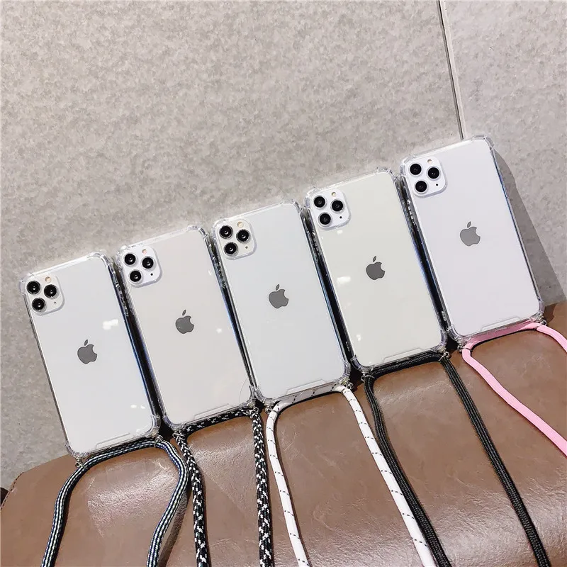 

Crossbody Necklace Cord Lanyards Transparent soft Phone Case For iphone 12 6 6S 7 8 Plus X XR XS 11 Pro Max for samsung S8 S9