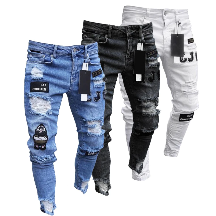 

Men Fashion Pencil Style Trousers Wholesale Skinny Badge Streetwear Distressed Denim Plus Size Jeans, Customized color