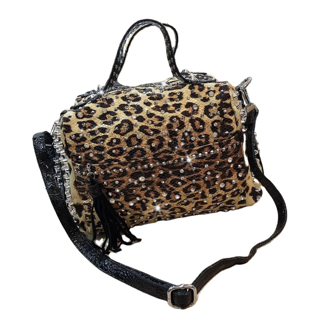 

New trend handbags personality fashion retro leopard rhinestone handbag rivet shoulder bag ladies casual handbag Messenger bag, 2 colors