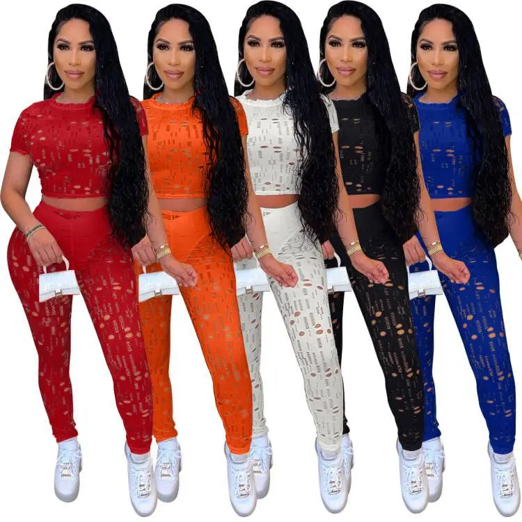 

2021 Casual Bodycon Skinny Hollow Out Sexy Streetwear Crop Top Leggings 2 Two Piece Pants Sets Gym African Summer Women Clothing