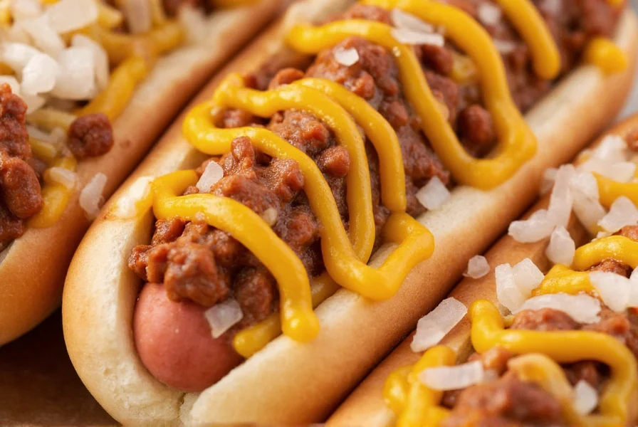 Close-up of perfectly layered chili dog showing chili, onions, mustard stripes, and melted cheese on steamed hot dog bun