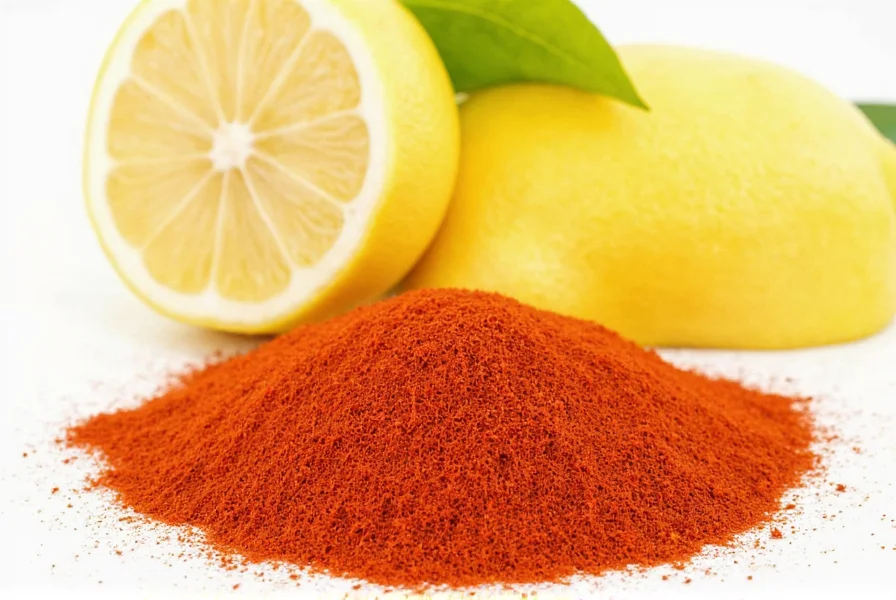 Close-up of fresh lemon slices and cayenne pepper in glass of water on wooden table