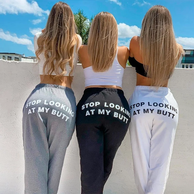 

2020 Hot Selling Casual STOP LOOKING AT MY BUTT Pants Cotton Jogger Sweatpants Sports Trousers women, White/grey/black