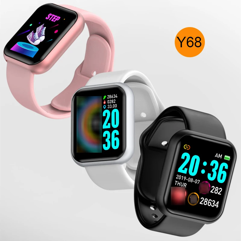 

New Y68 smart watch Life Waterproof Fitness Tracker Heart Rate Monitor Blood Pressure Blue tooth D20 Smartwatch For IOS Android, Black /silver/white/pink