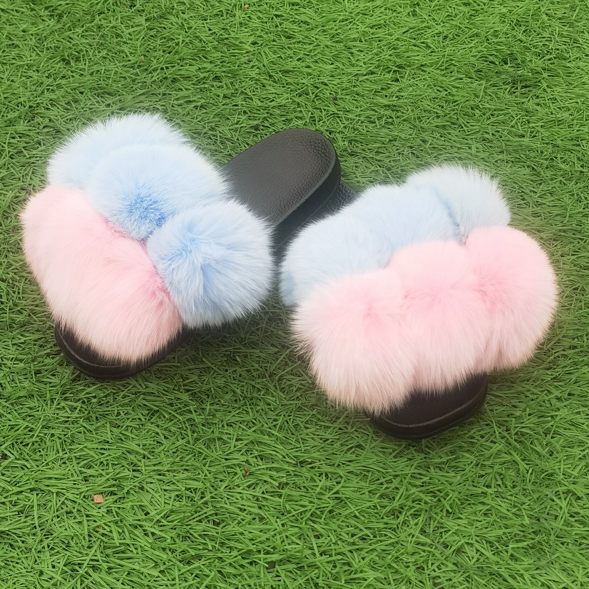 

Wholesale custom logo furry colorful fur pom poms slipper soft anti-slip real raccoon fur slipper fox fur slides for women, Customized color