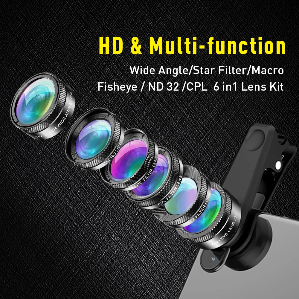 Apexel 6 in 1 Fish Eye-Macro-Wide Angle-Zoom-Filter Smartphone Telephoto Lenses