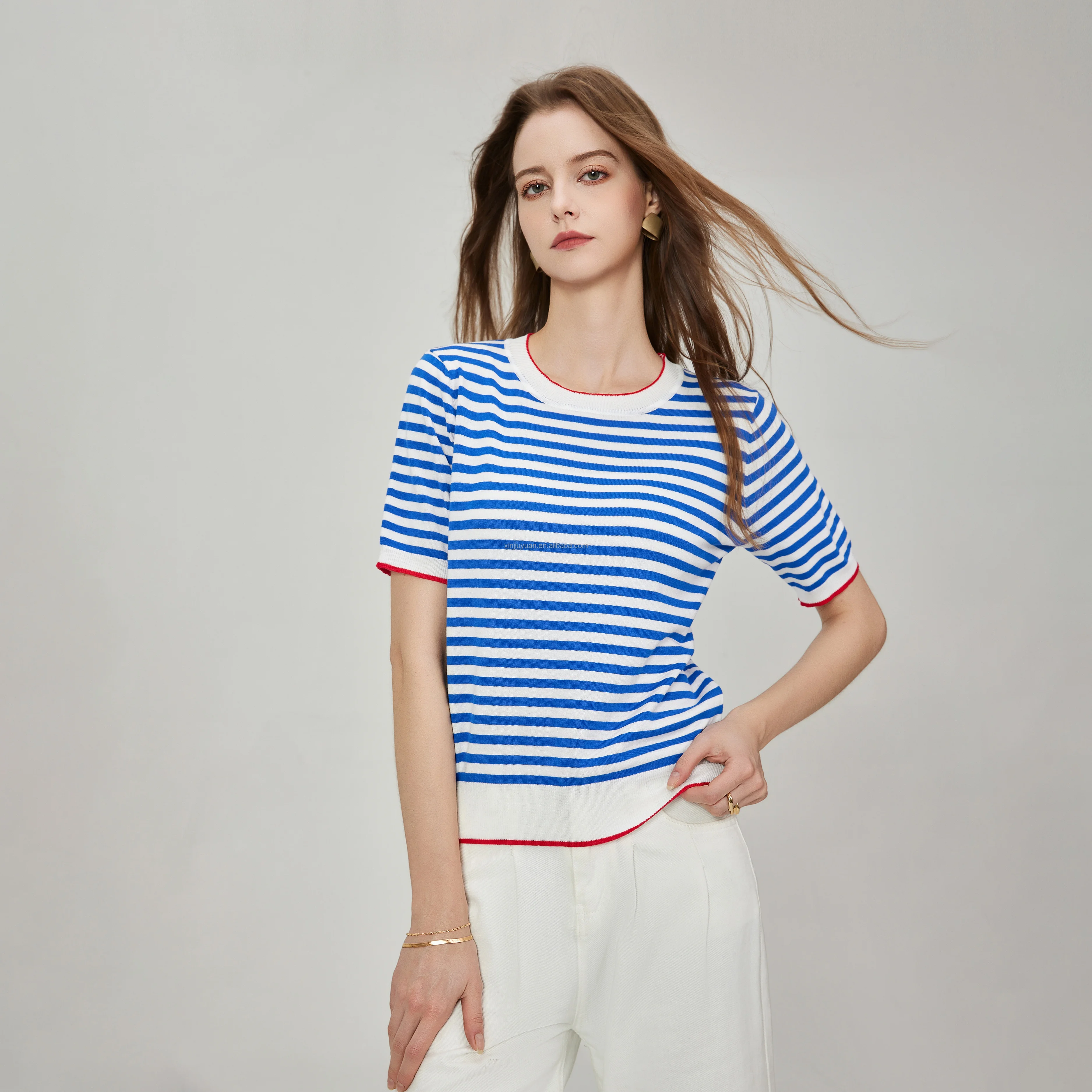 80% Viscose 20% Polyester Knitted Top Women Breton Striped Short Sleeve Sweater Contrast Trim French Chic Pullover Jumper Top