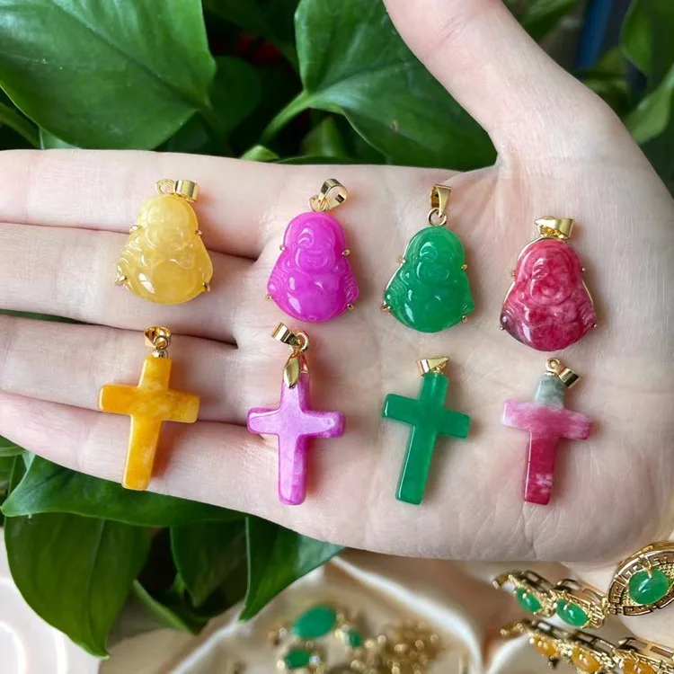 

Jialin INS natural green red fuchsia pink yellow mini small buddha jade cross jade buddha pendant necklace