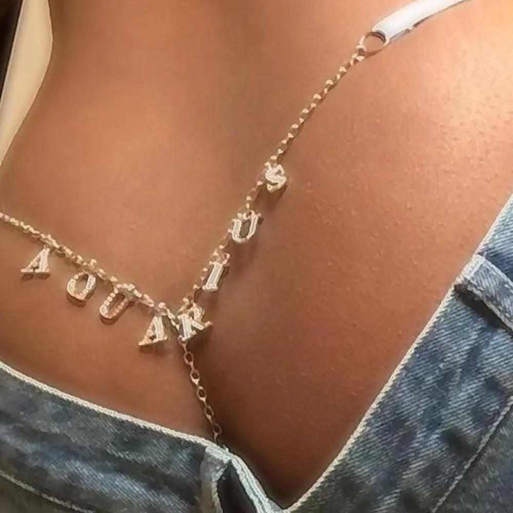 

Bling Hot Sexy Beach Bikini Body Jewelry Crystal 12 Zodiac Custom Name Pendants Thong Body Chain For Women, Silver plated