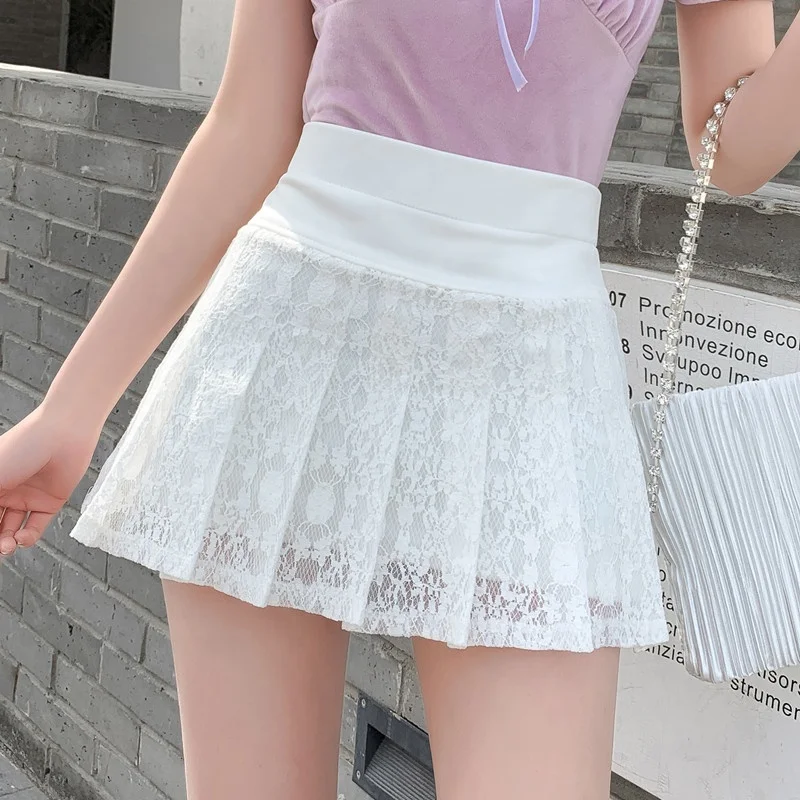 

White Lace Pleated Womens Washed Skating Girl Mini Skirt School Tennis Sexi Short Skirts Jupe Chica Falda