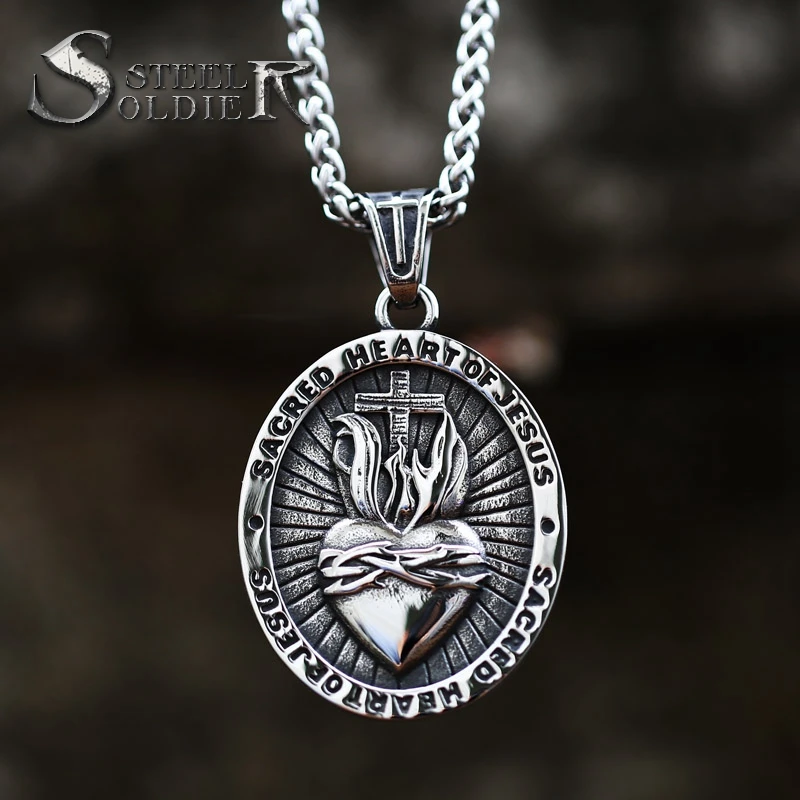 SS8-617P New Style Stainless Steel Men's Pendant The Heart of Jesus Pendant Oval Shape Jewelry Wholesale