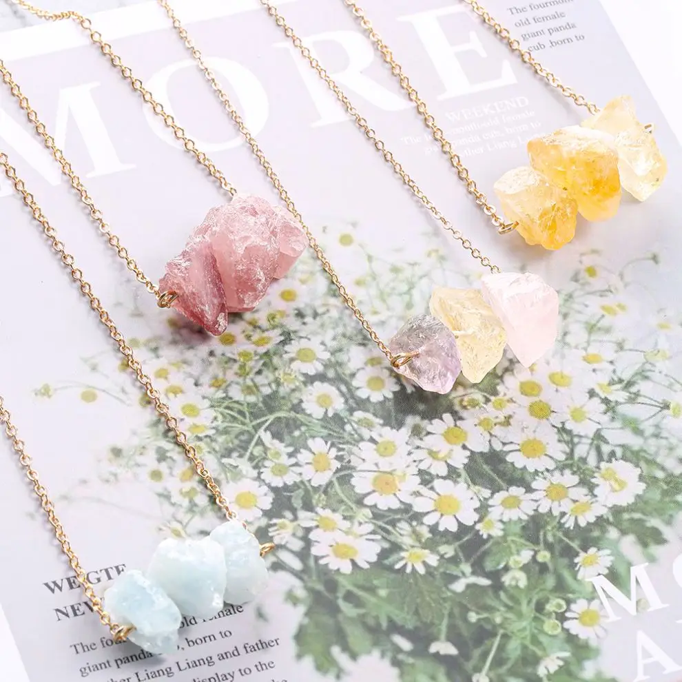 

natural amethyst raw stone healing crystal fashion gold chain link necklace drop pendant earring set for woman