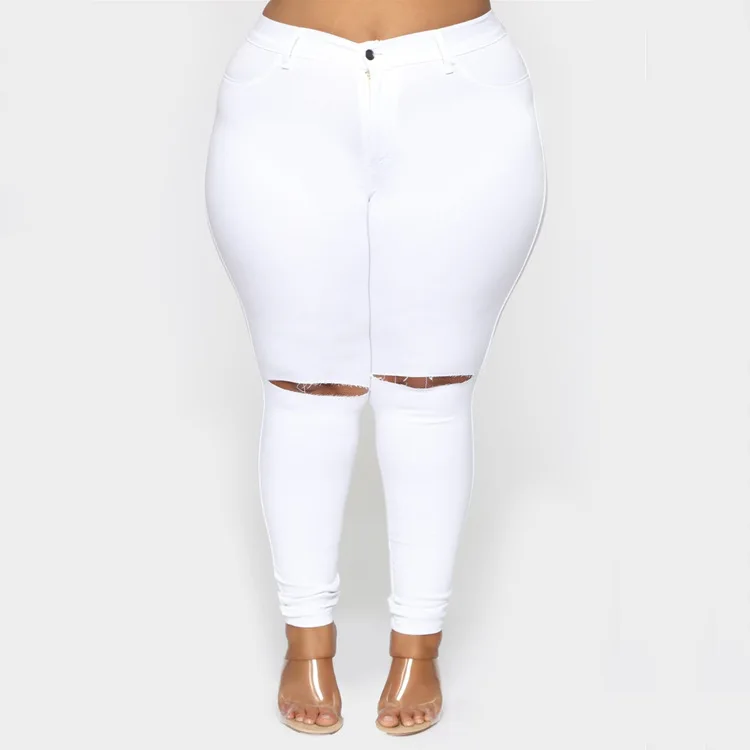 

White plus size 5XL denim pants mid waist ripped high quality pencil jeans for women, Light blue,dark blue, gray color,customized color