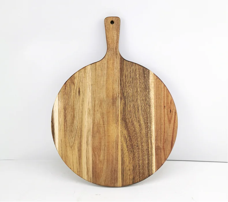 

Eco-friendly wooden cutting board with serving handles for cheese pizza kitchen vegetables and meat