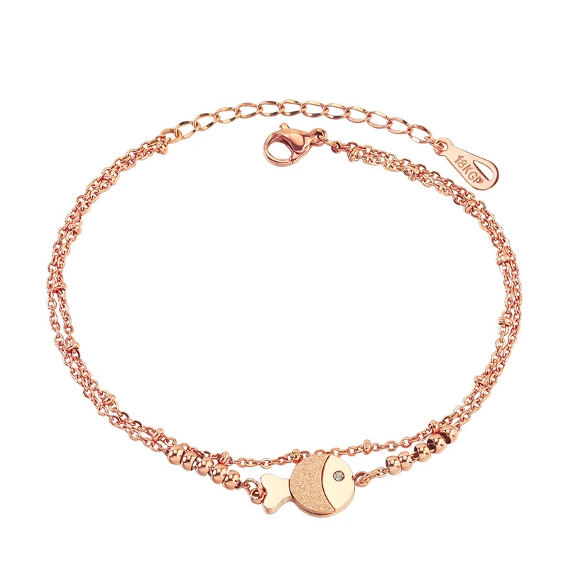 

Charare 18k rose gold plated double layer fish charm anklet bracelet accessories