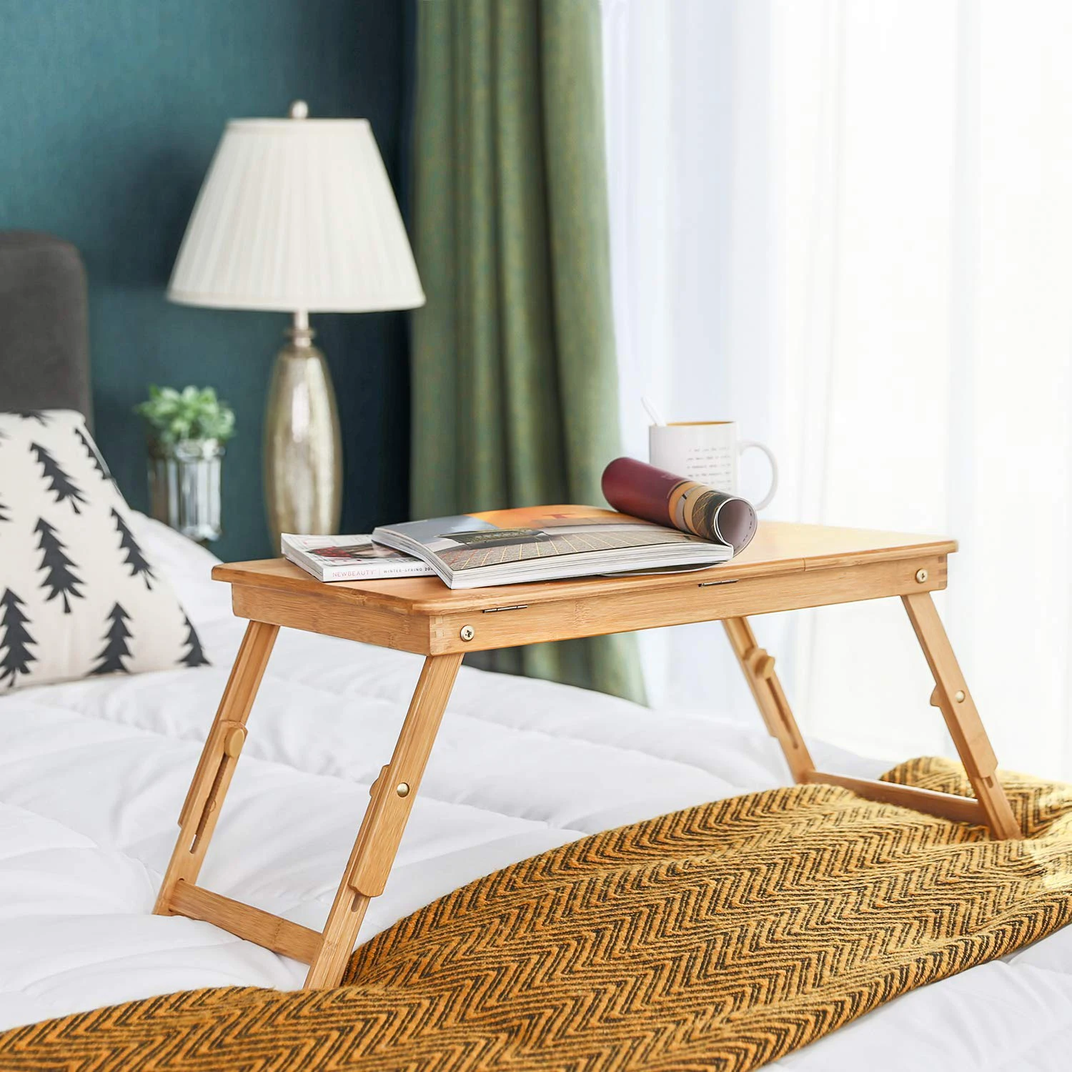 bamboo laptop desk adjustable portable breakfast serving bed tray with tilting top drawer
