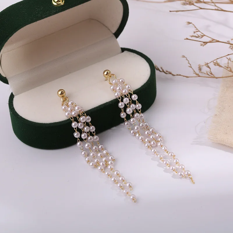 

JuHu S925 Silver Needle Korean Fashion Long Pearl Tassel Earrings Simple Personality Super Fairy New Earrings Ear Clip Female, Silver needle, spiral ear clip