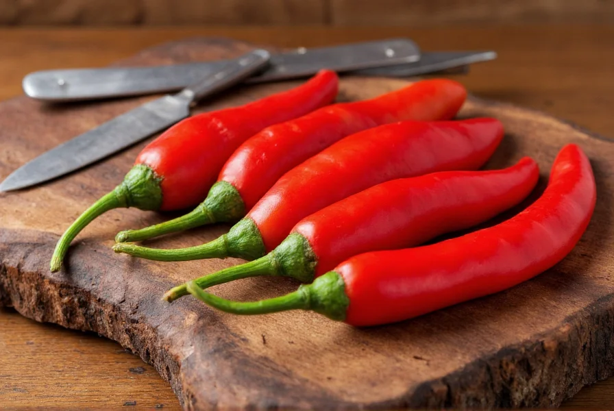 Fresh argentine chili peppers on wooden cutting board with traditional Argentine cooking utensils