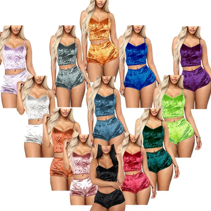 

Quality Woman Hot Velvet Nighty Wear Sexy Sleepwear Two Piece Pajamas Set, As pictures,13colors
