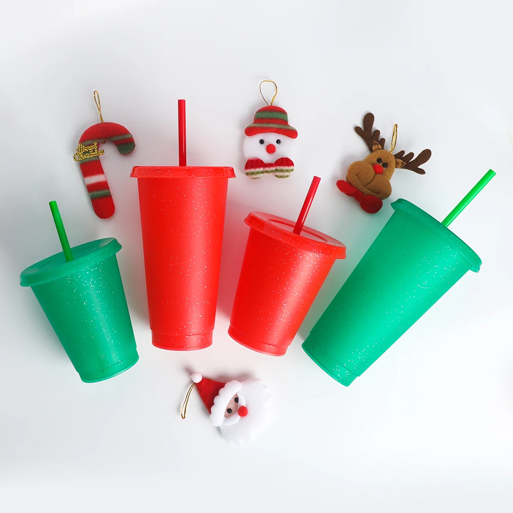 

Wholesale custom logo reusable 16oz 24oz glitter christmas gifts cup plastic coffee cup with lid