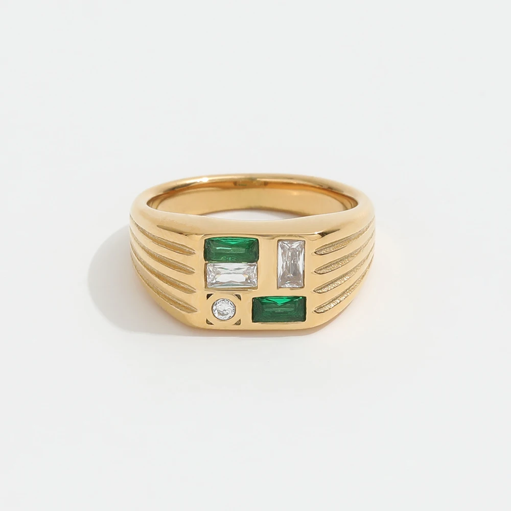 Joolim Wholesale 18K Gold Plated Jewelry Emerald Green Clear Zirconia  Checker Signet  Stainless Steel Rings for Women