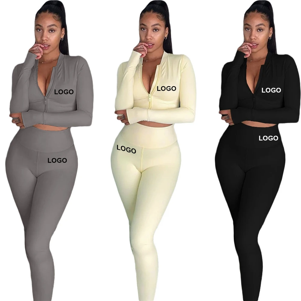 

Fast Shipping female long sleeves two pieces joggers wear zip upper crop top high waist skinny sustainable gym outfit