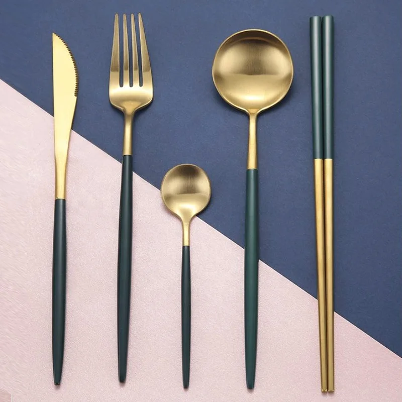 

Luxury Cutlery Stainless steel Tableware Set Gold flatware for Christmas, Gold+green