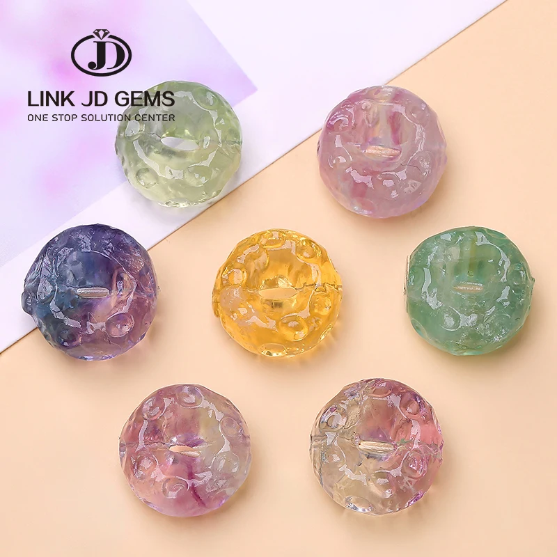 

JD Wholesale Colorful Crystal Natural Fluorite Stone Carved Cake Donut Shape Bead With Hole For Jewelry Making