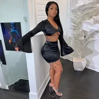 

sexy flare sleeve crop top two piece long sleeve skirt set
