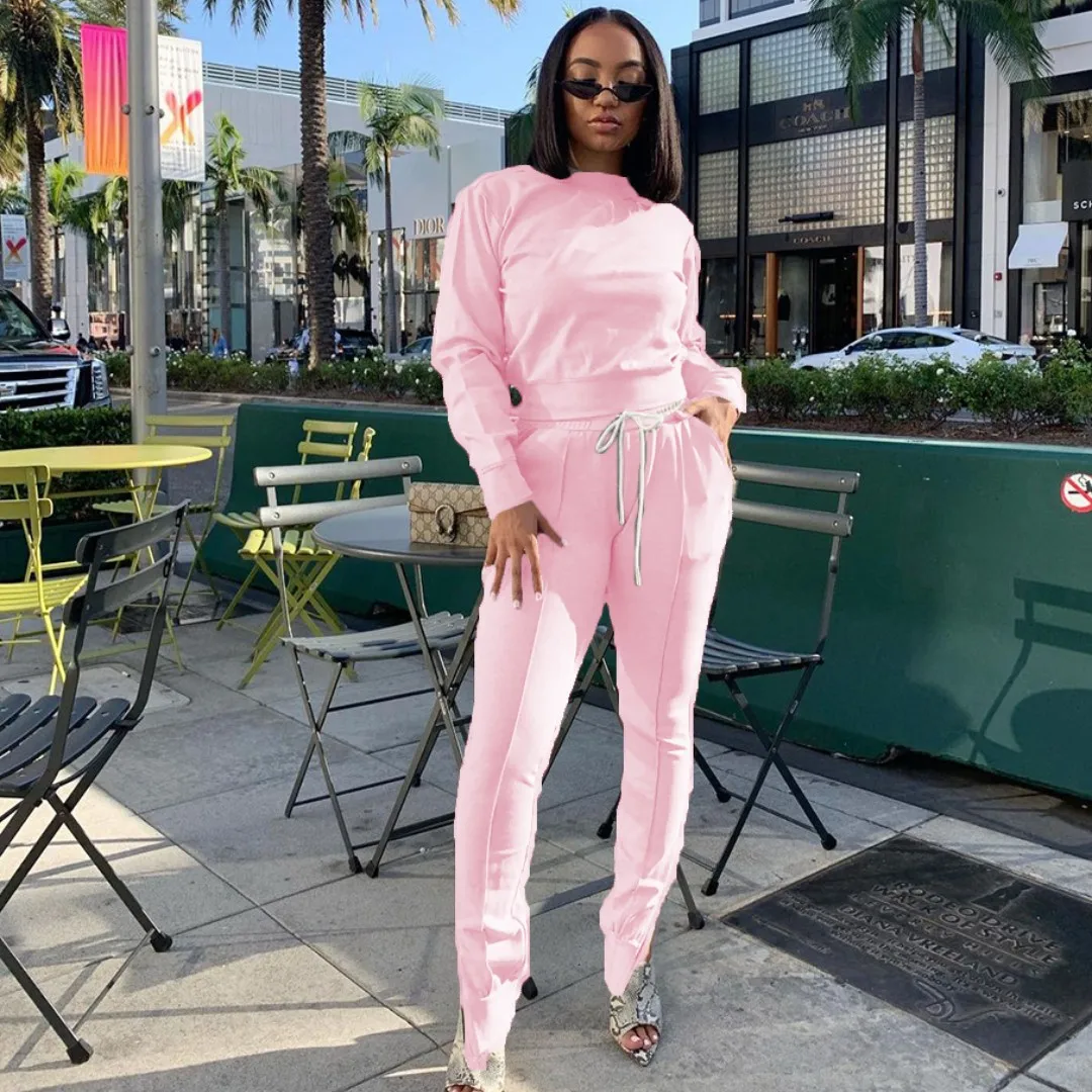 

2021 Fall Fashion Women Clothes Casual Jogger Sweatsuit Solid Blank Long Sleeve Sweatshirt Suit 2 Two Piece Pants Set, Black,pink