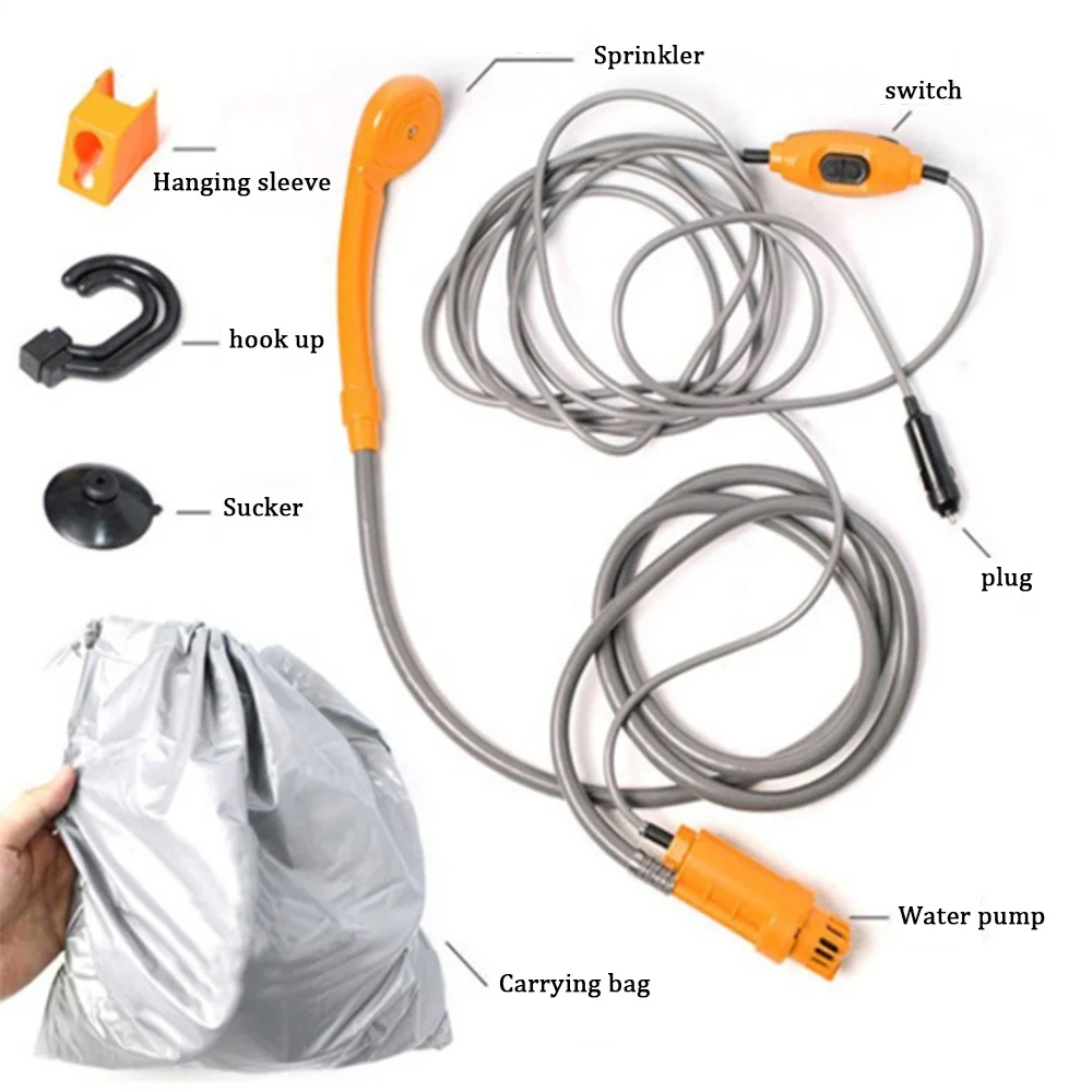 

Camping shower 12V electric outdoor shower water bag kit, used for travel car wash, hiking shower