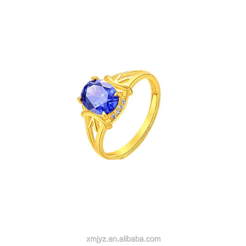 

Boutique Brass Gold-Plated Blue Gem Ring Electroplated Imitation Gold Jewelry Elegant Women's Open Mouth Ring Wholesale
