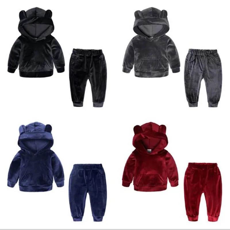

Kids Tales Baby Boys Girls Bear Hooded Velour Lounge Set Children Plush Loungwear Kids Homewear Pajamas set