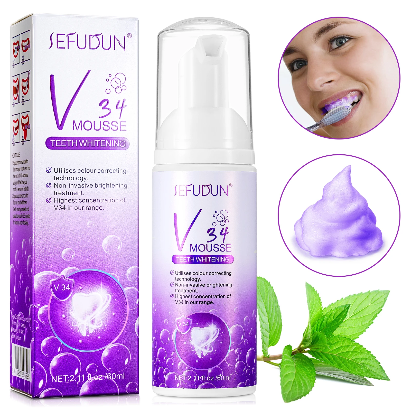 

Yellow Stain Removal Teeth whitening Foam Mousse V 34 Purple Teeth Cleansing Foam Toothpaste for Sensitive Teeth