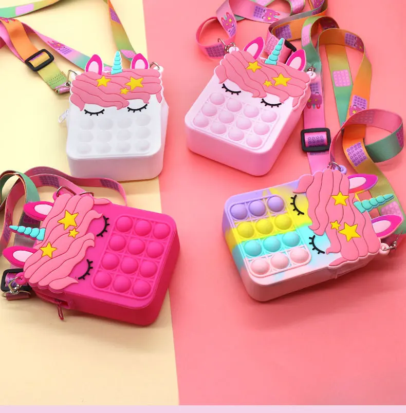 

New Arrival Push Bubbles 3D Rainbow Unicorn Crossbody Shoulder Storage Kids Pop Fidget Bags Coin Card Cosmetics Purses Handbags